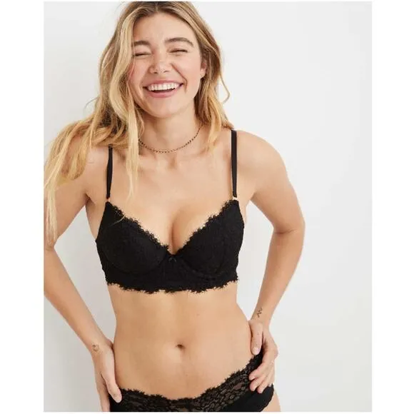Aerie Real Power White Plunge Push Up Eyelash Lace Bra Size 34D