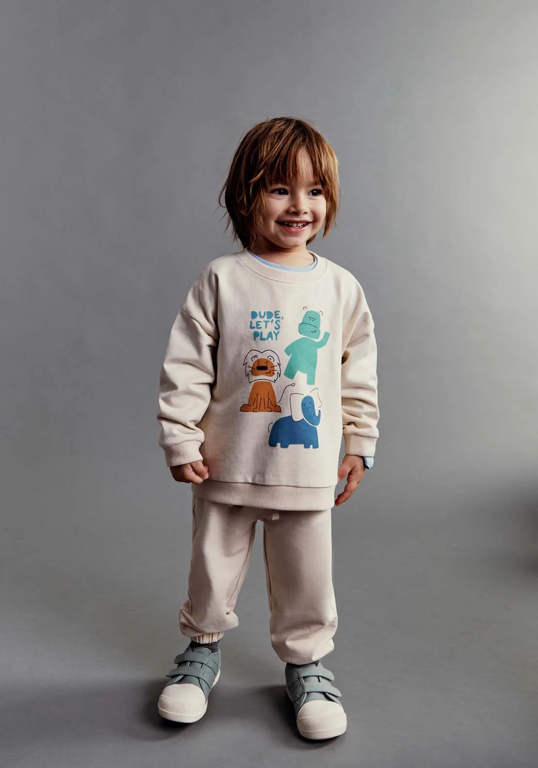 Animal Print Sweatshirt and Jogger Set - Ecru