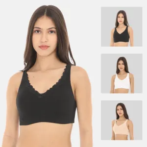 Cotton Bra | Lace Detailing | Full Coverage | Wire-Free & Non-Padded | Seamless Cups | No Centre Panel | Hidden Side Panels | 3 Pack