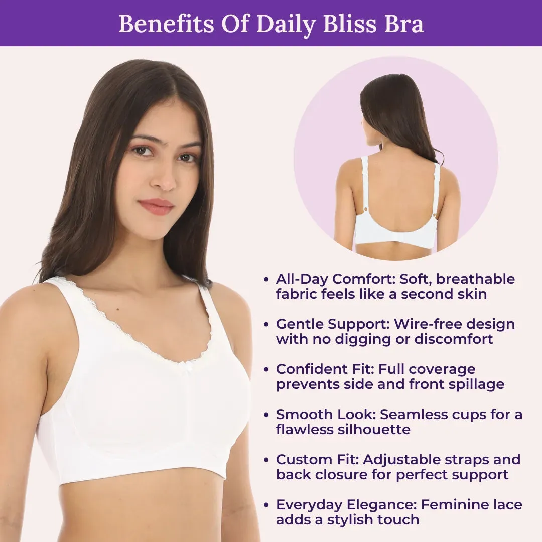 Cotton Bra | Lace Detailing | Full Coverage | Wire-Free & Non-Padded | Seamless Cups | No Centre Panel | Hidden Side Panels | 3 Pack
