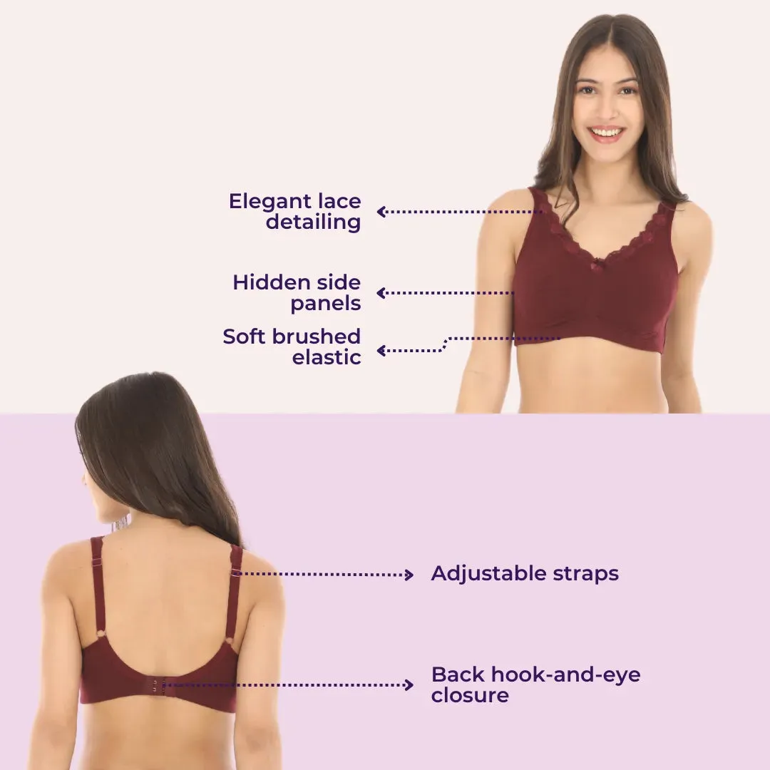 Cotton Bra | Lace Detailing | Full Coverage | Wire-Free & Non-Padded | Seamless Cups | No Centre Panel | Hidden Side Panels