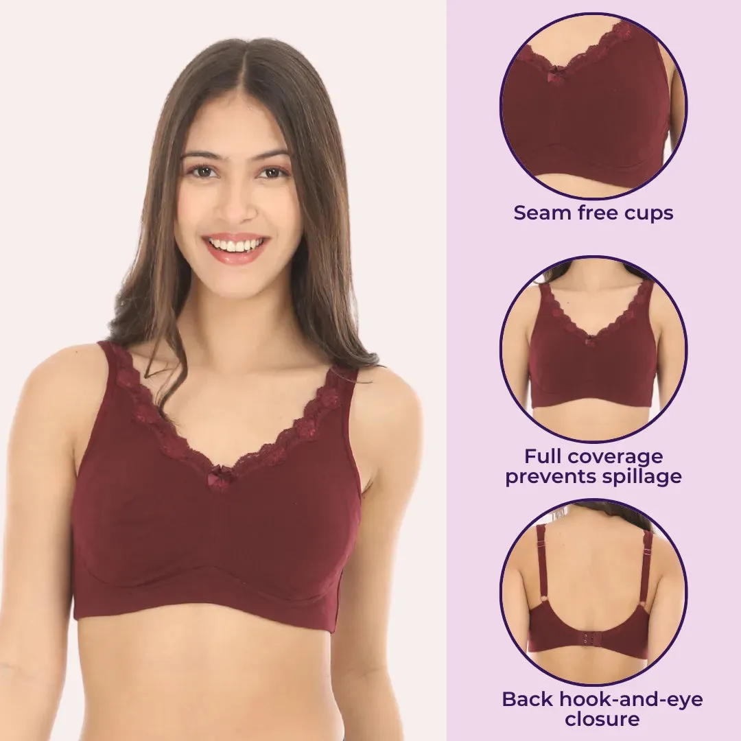 Cotton Bra | Lace Detailing | Full Coverage | Wire-Free & Non-Padded | Seamless Cups | No Centre Panel | Hidden Side Panels