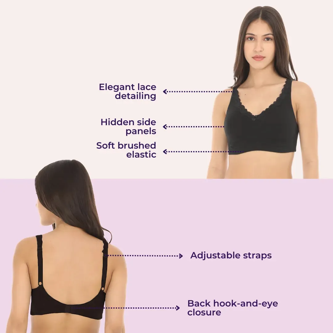 Cotton Bra | Lace Detailing | Full Coverage | Wire-Free & Non-Padded | Seamless Cups | No Centre Panel | Hidden Side Panels