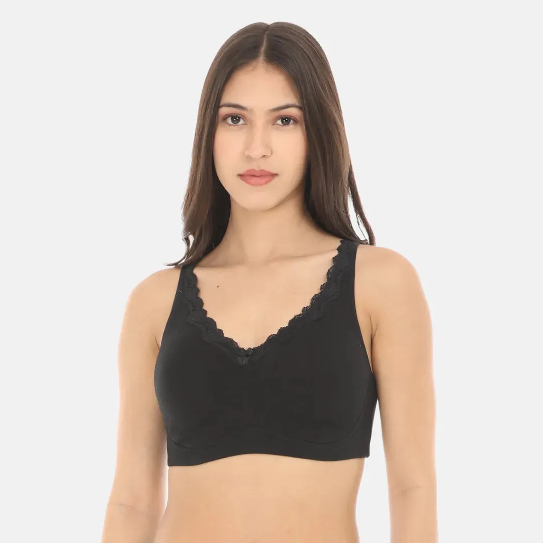Cotton Bra | Lace Detailing | Full Coverage | Wire-Free & Non-Padded | Seamless Cups | No Centre Panel | Hidden Side Panels