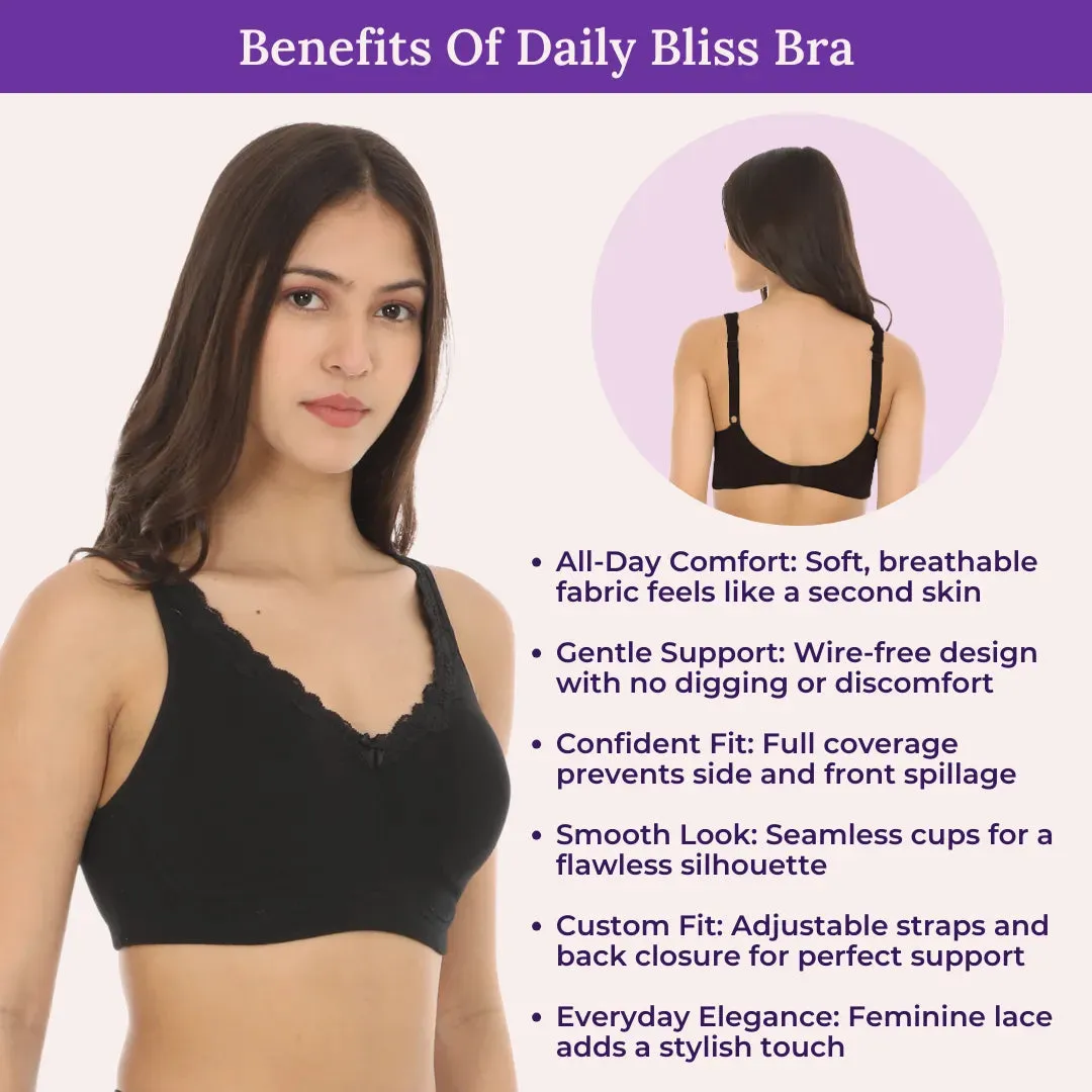 Cotton Bra | Lace Detailing | Full Coverage | Wire-Free & Non-Padded | Seamless Cups | No Centre Panel | Hidden Side Panels