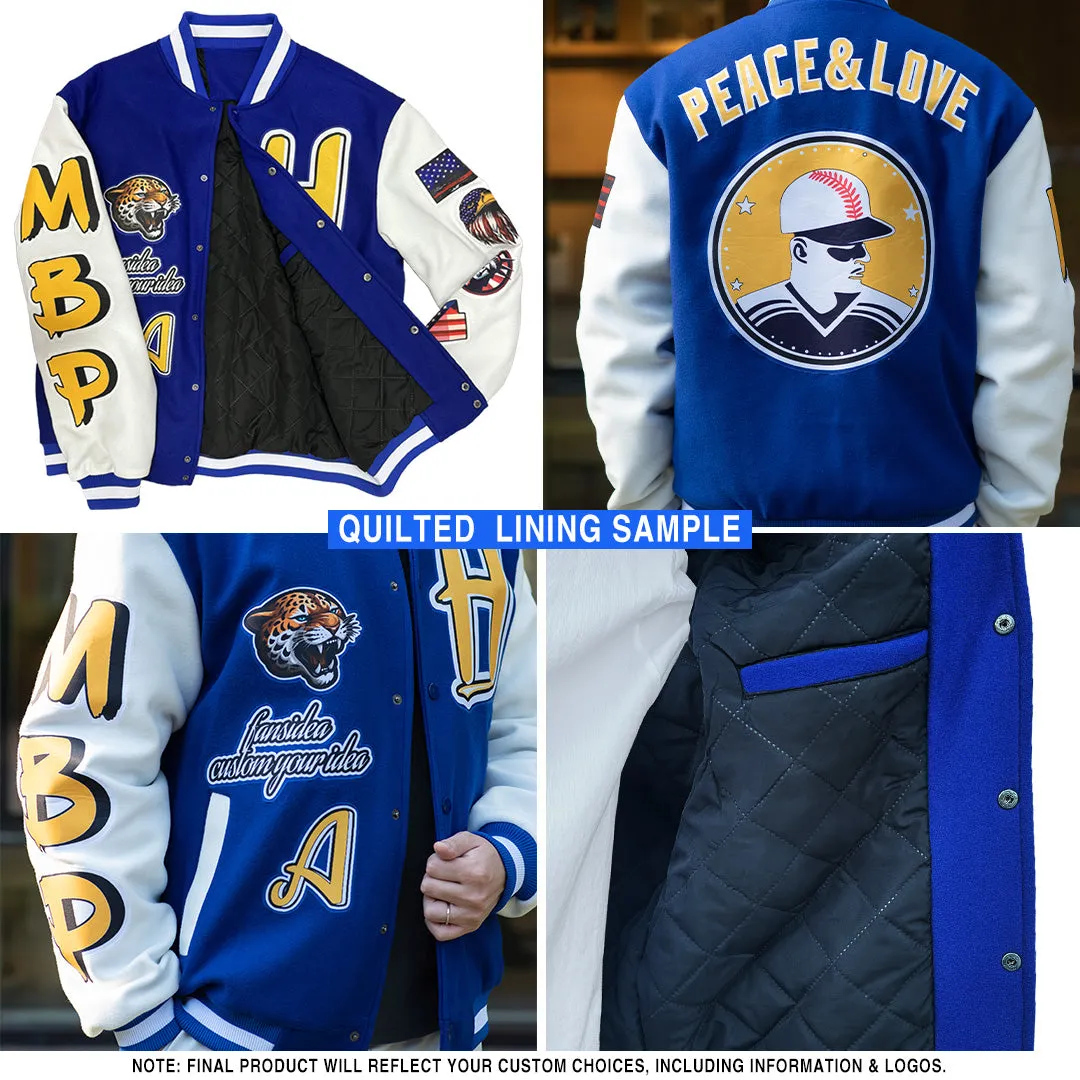 Custom White Navy Pinstripe Gold Bomber Full-Snap Varsity Letterman Jacket
