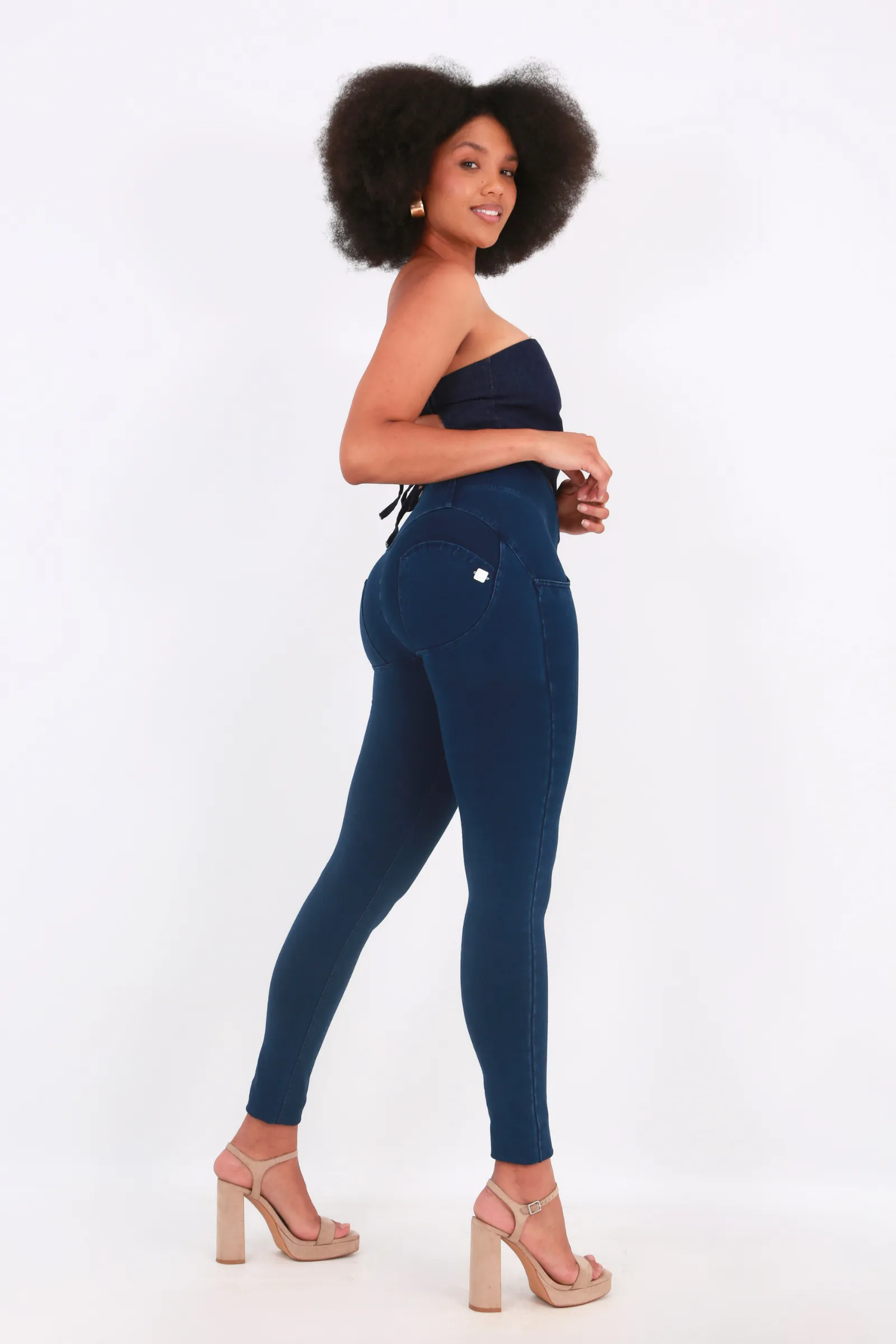 High waist Button up Butt lifting Shaping jeans Jeggings - Dark Blue