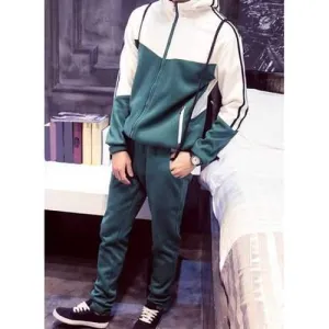 Modish Pocket Hemming Color Block Splicing Slimming Men's Hoodie and Sweatpants Two-Piece - Green L
