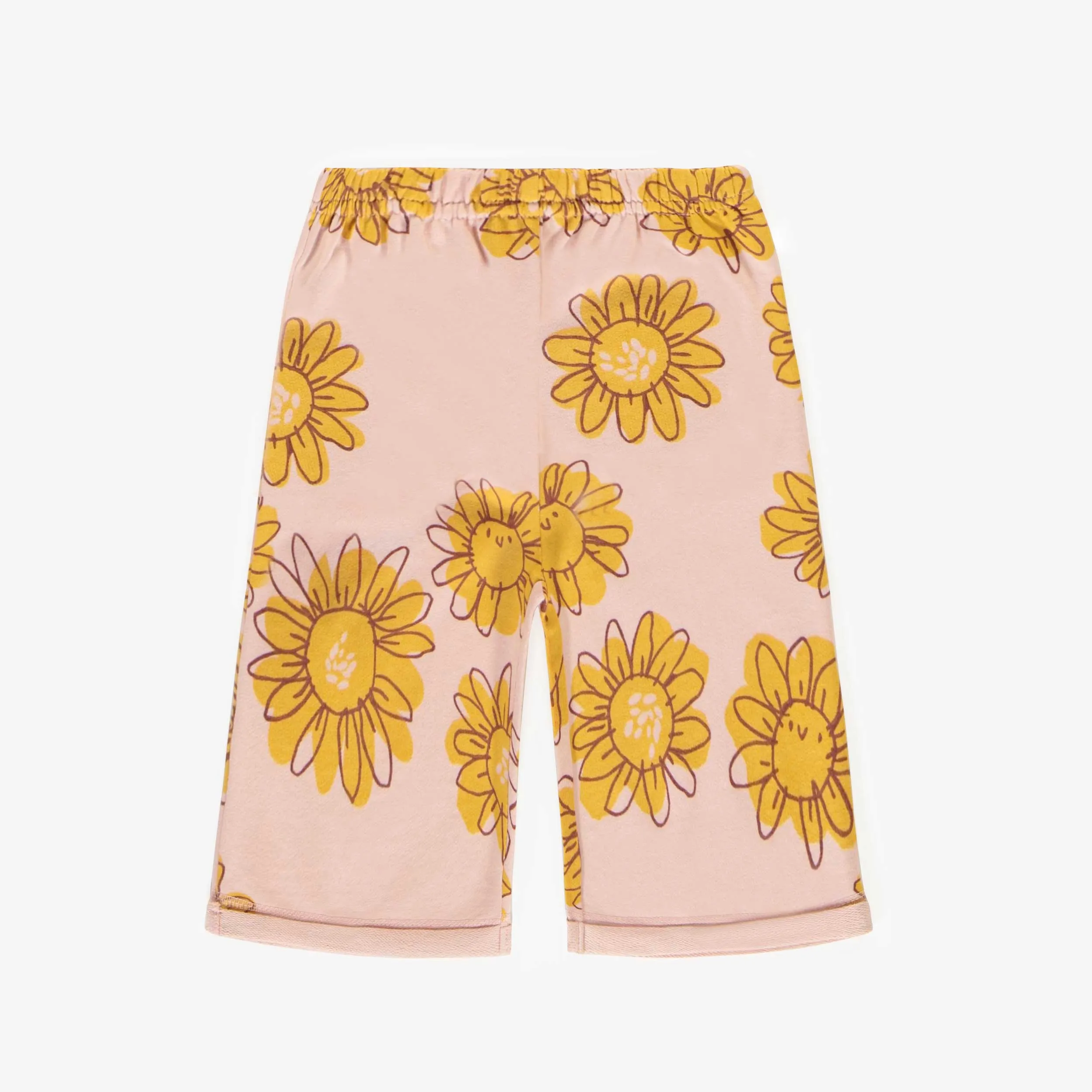 Pantalon rose avec fleurs jaunes en coton français, bébé || Pink flowery pant in French terry, baby