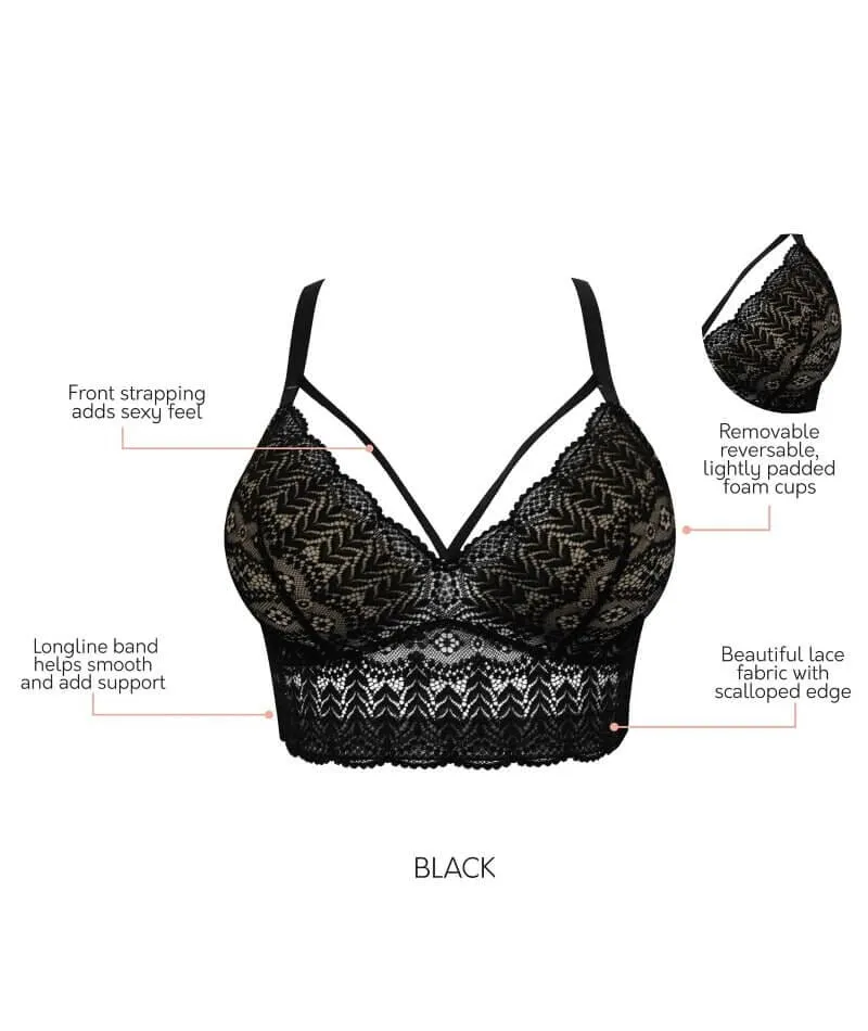 Parfait Mia Wire-Free Longline Padded Lace Bralette - Black