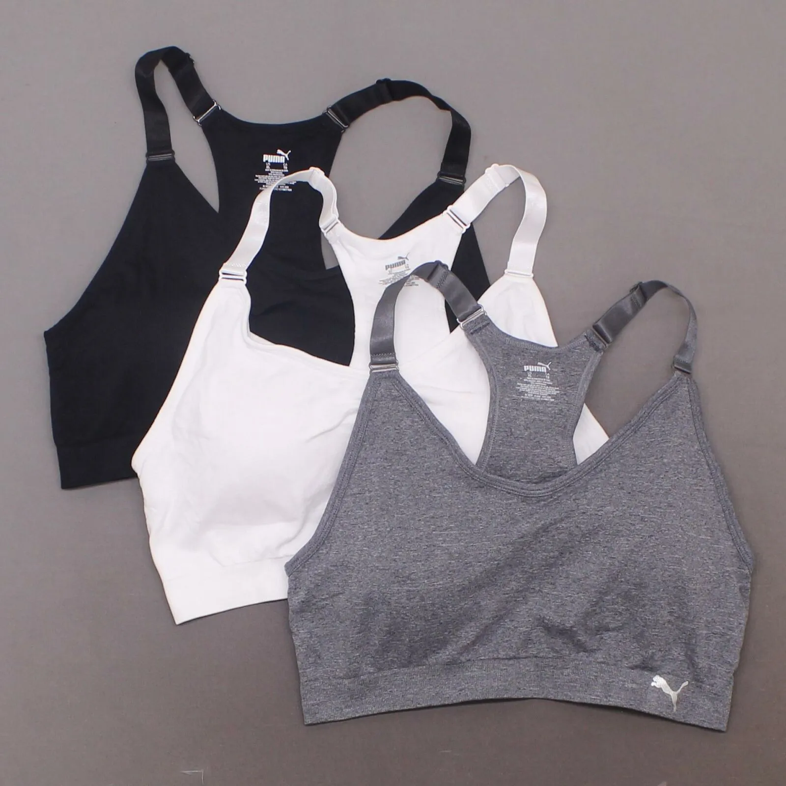 Puma Women's 3 Pack Medium Impact Seamless Sports Bras Black/Grey/White XL