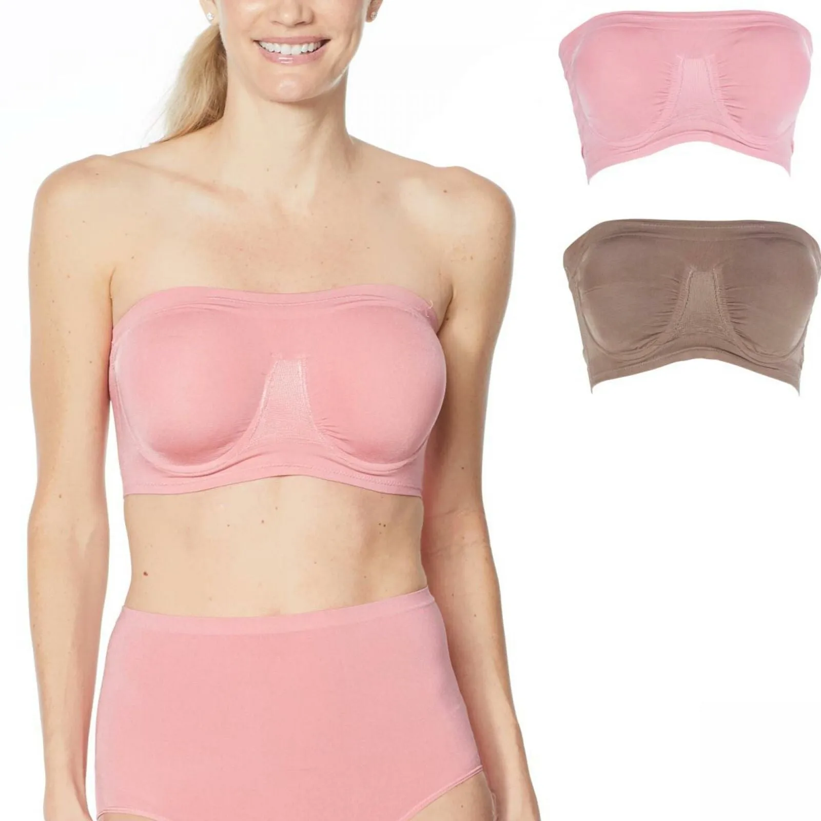 Rhonda Shear 2 Pack Underwire Bandeau Bras Mocha/ Pink Large
