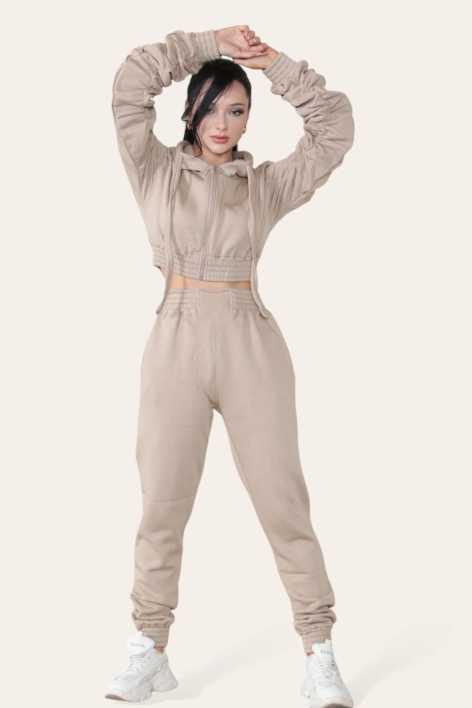 Ruched Sleeves Cropped Hoodie and Jogger Loungewear Set