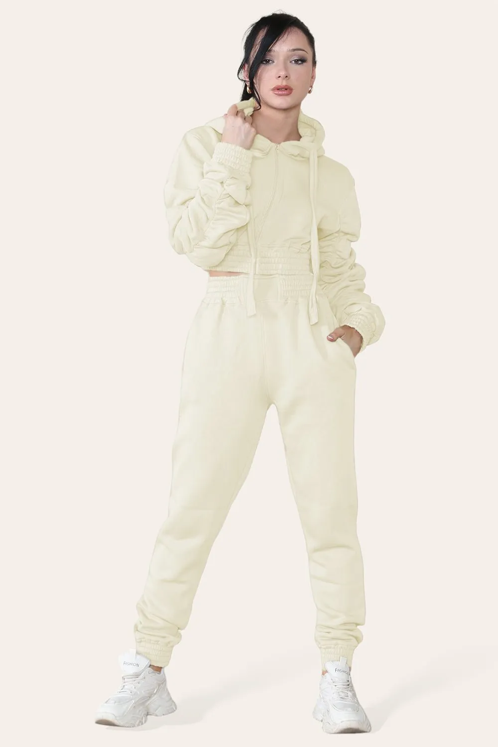 Ruched Sleeves Cropped Hoodie and Jogger Loungewear Set