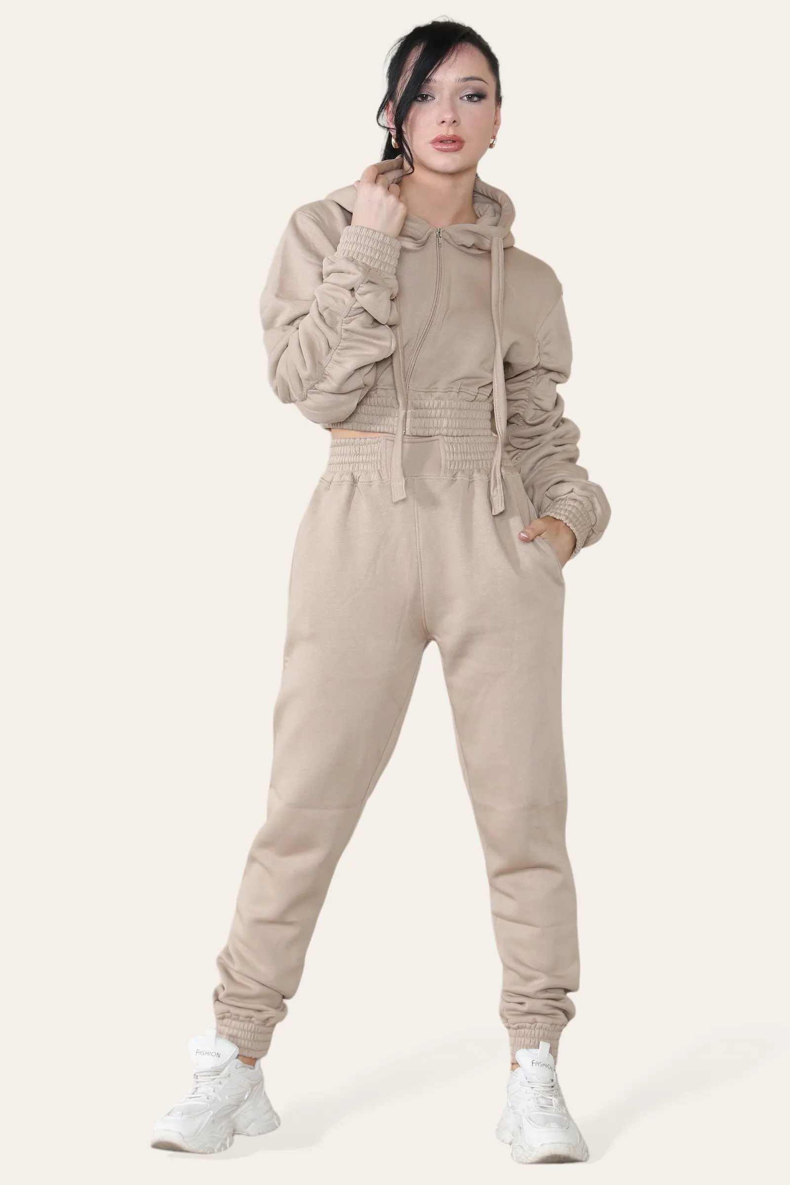 Ruched Sleeves Cropped Hoodie and Jogger Loungewear Set