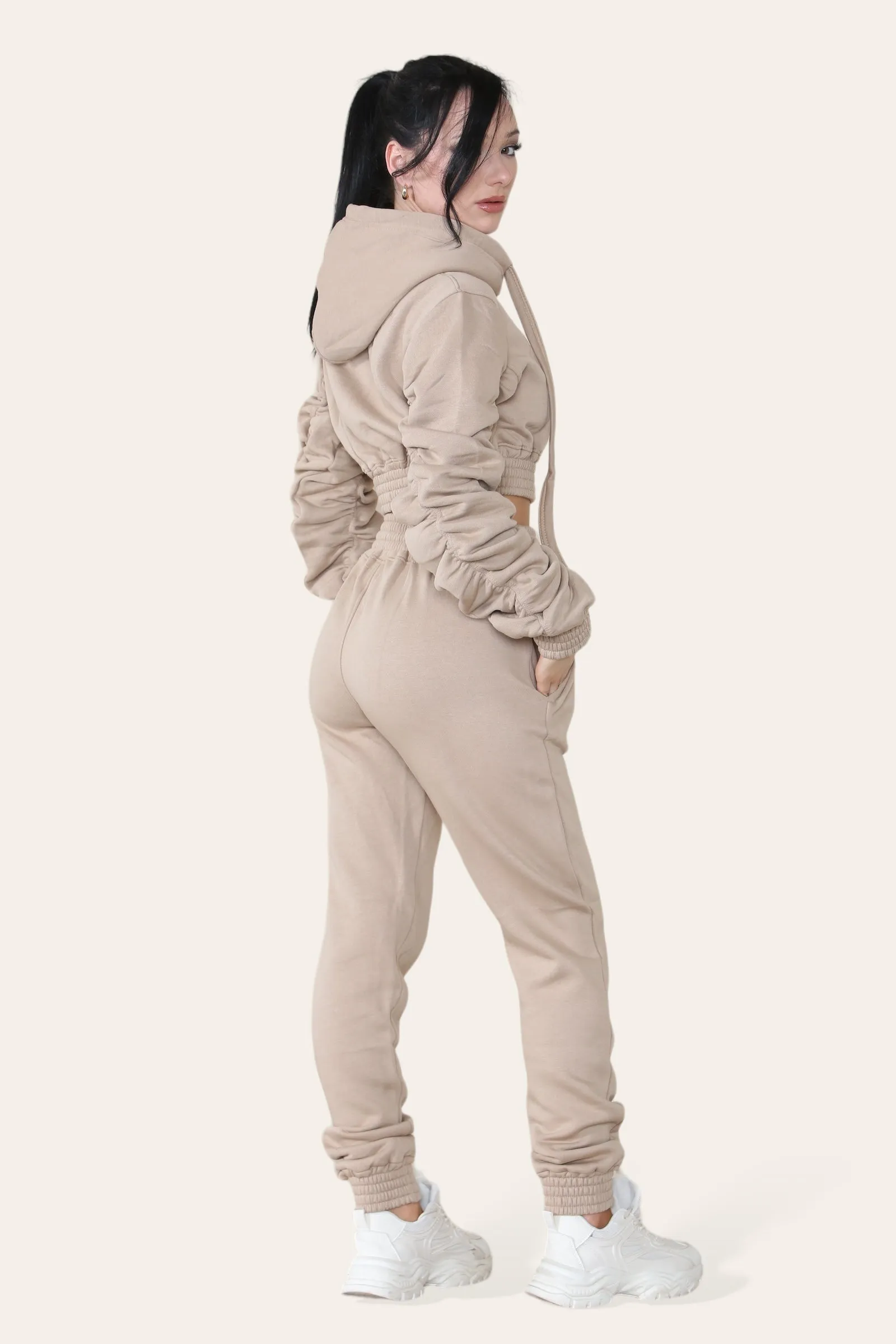 Ruched Sleeves Cropped Hoodie and Jogger Loungewear Set