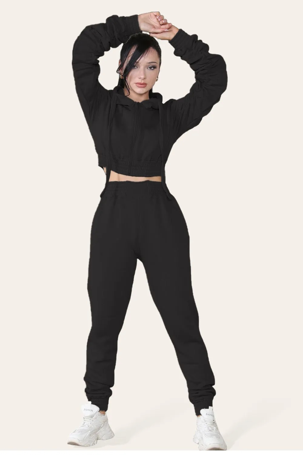 Ruched Sleeves Cropped Hoodie and Jogger Loungewear Set