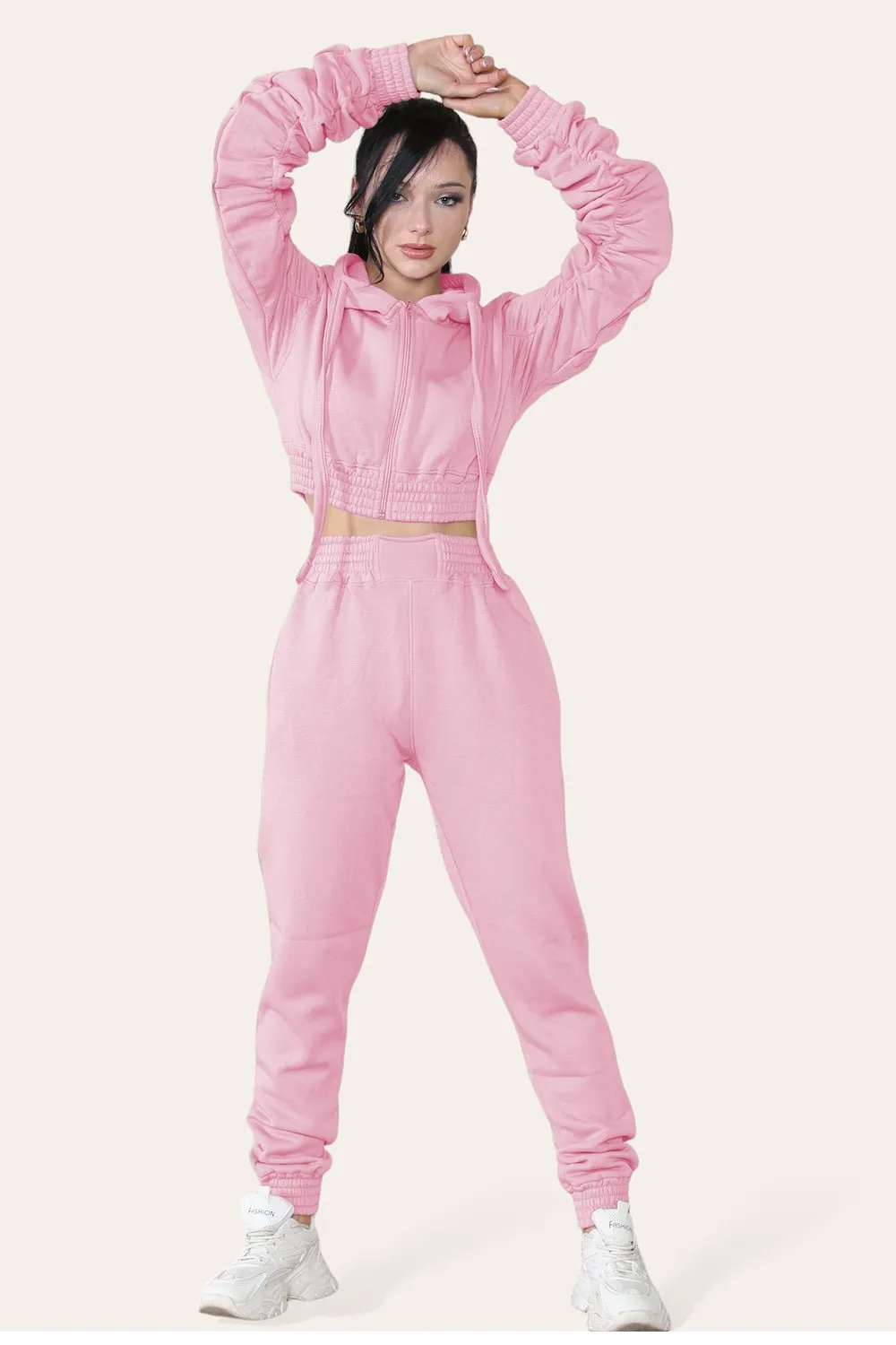 Ruched Sleeves Cropped Hoodie and Jogger Loungewear Set