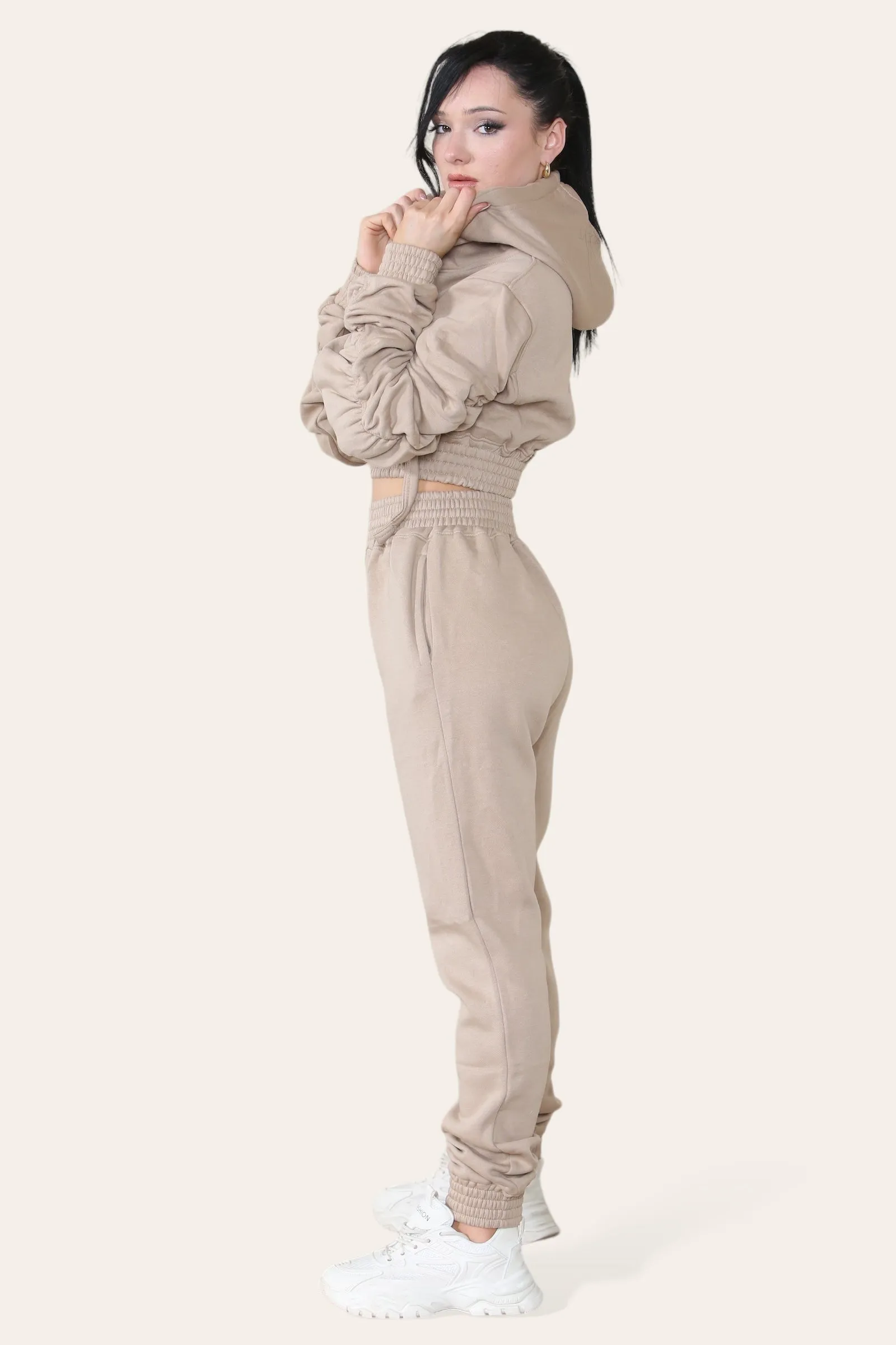 Ruched Sleeves Cropped Hoodie and Jogger Loungewear Set