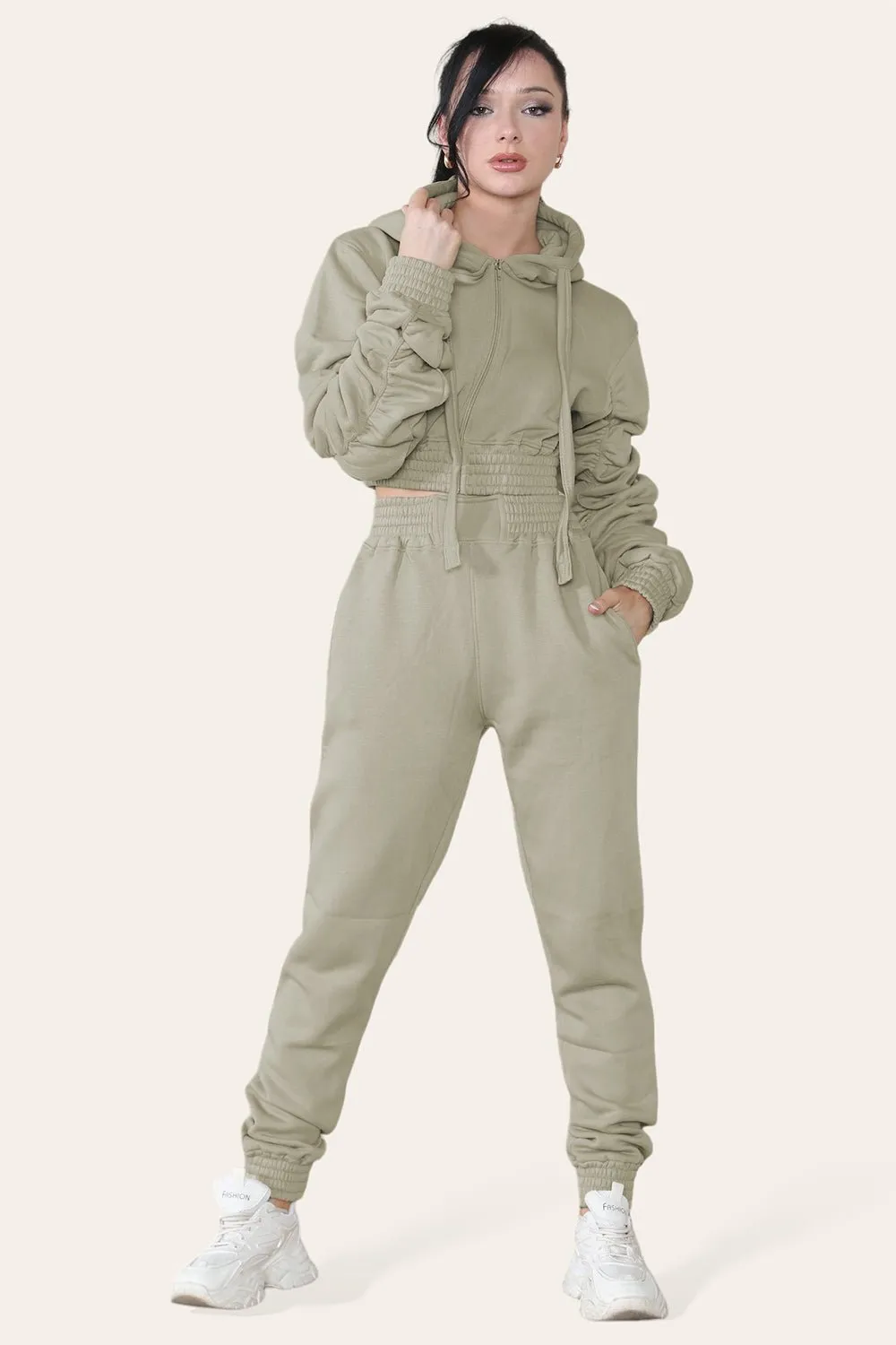 Ruched Sleeves Cropped Hoodie and Jogger Loungewear Set