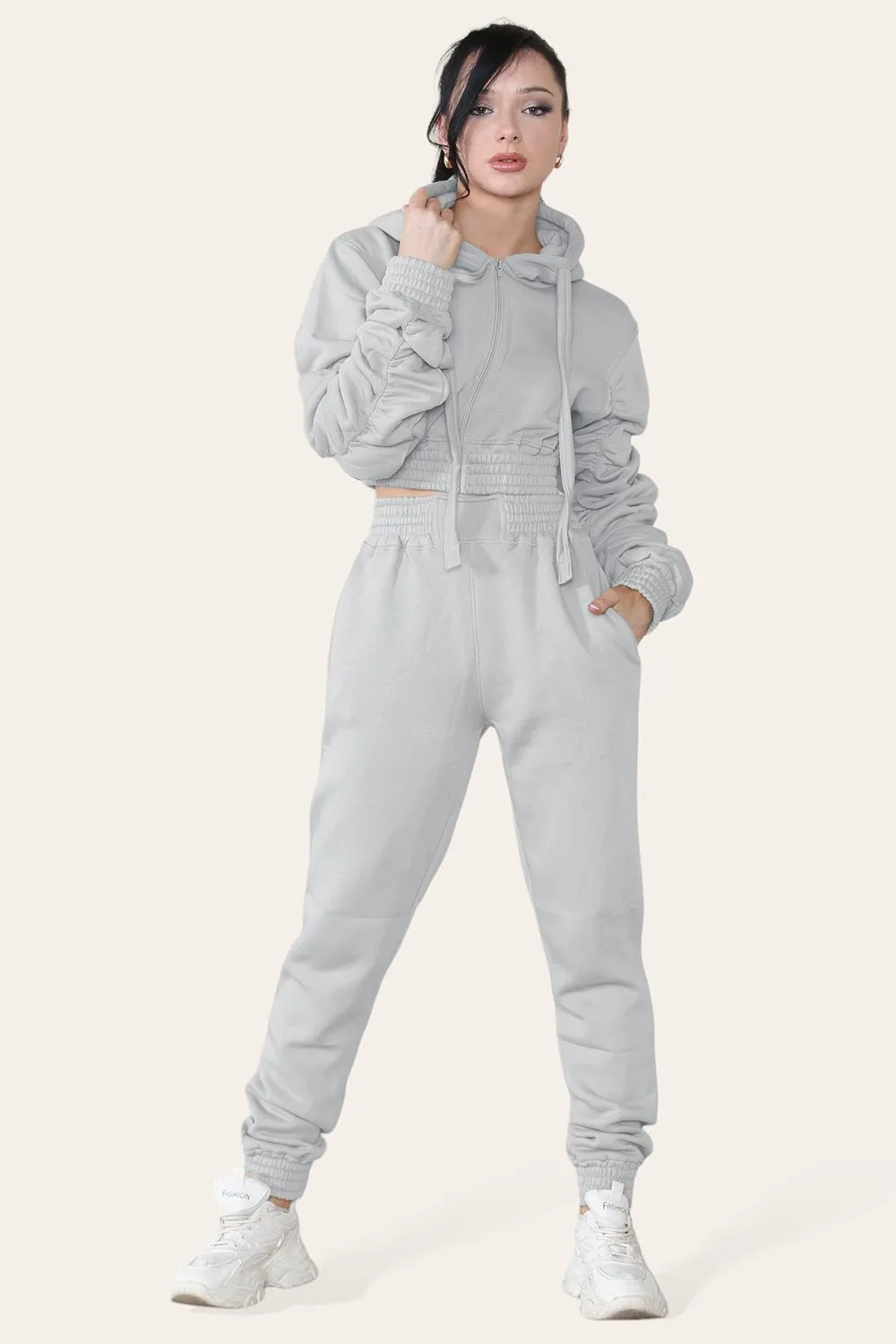 Ruched Sleeves Cropped Hoodie and Jogger Loungewear Set