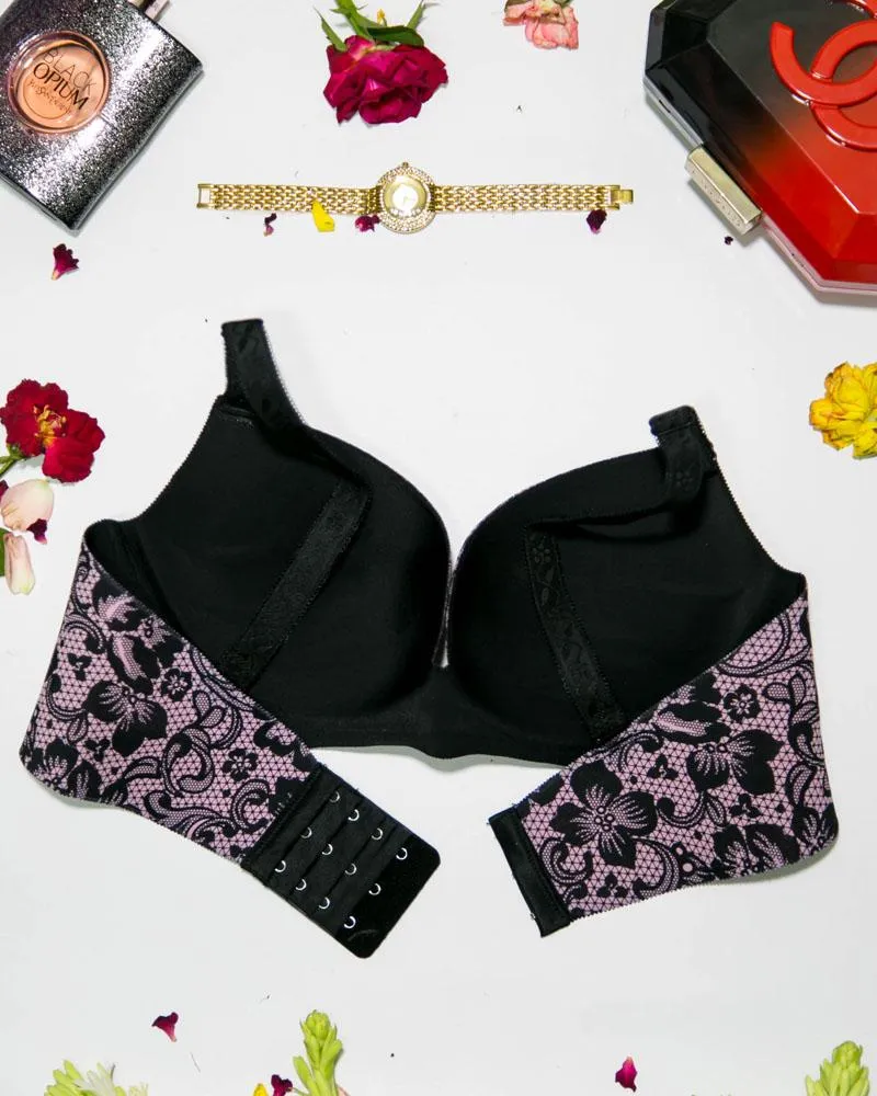 Self Design Sexy Floral Lace Soft Touch Push Up Bra Black & Pink