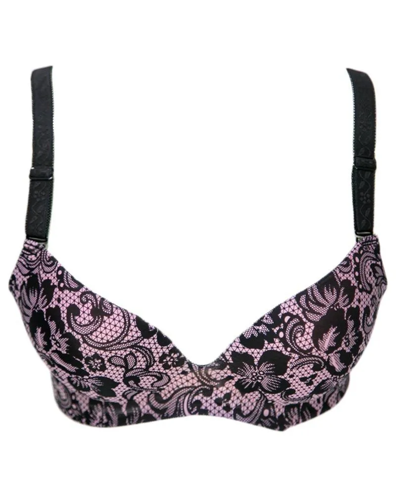 Self Design Sexy Floral Lace Soft Touch Push Up Bra Black & Pink