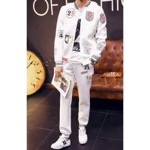 Stylish Color Block Hot Air Balloon Print Polyester Slimming Men's Stand Collar Sweatshirt and Sweatpants - White Xl