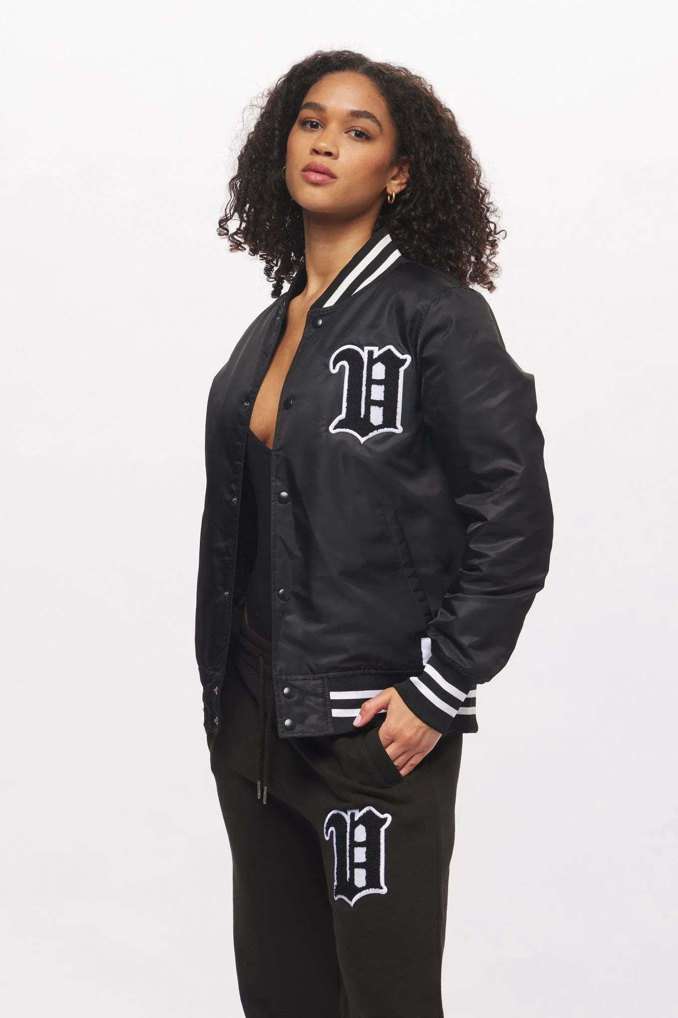 Women's - House of V - Black Varsity Chenille Patch Nylon Varsity Jacket