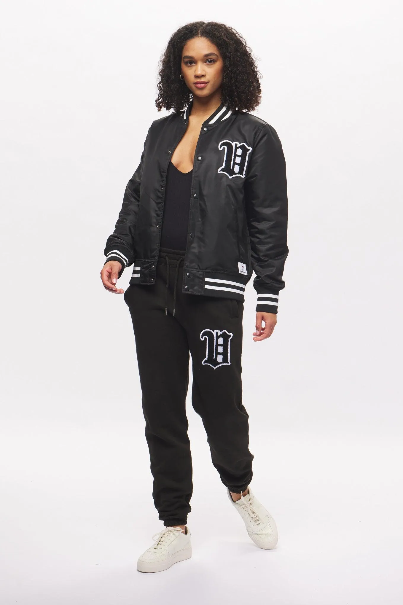 Women's - House of V - Black Varsity Chenille Patch Nylon Varsity Jacket