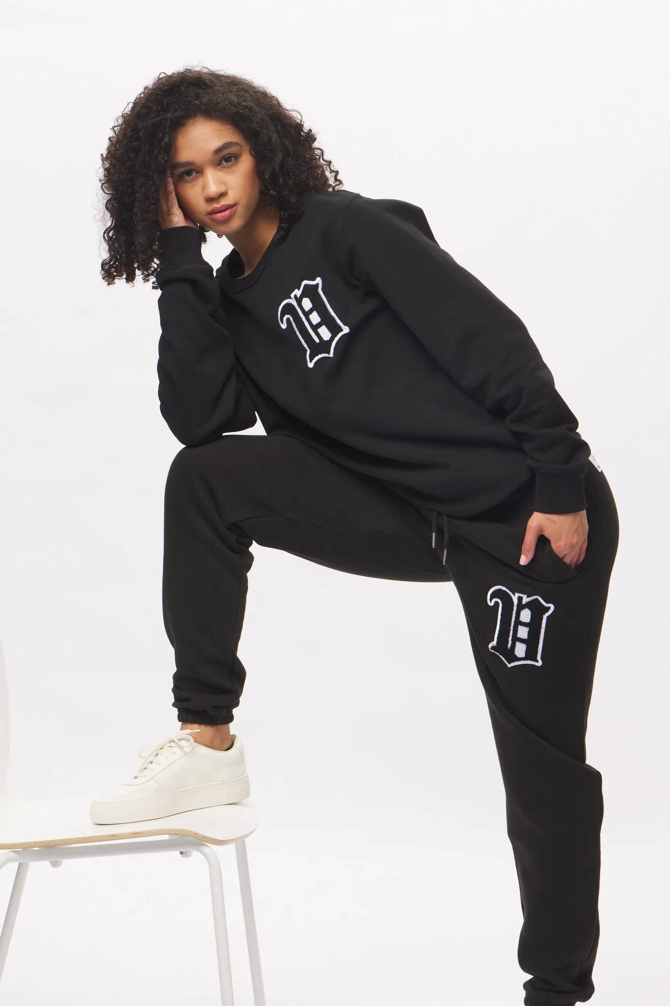 Women's - House of V - Black Varsity Chenille Patch Organic Cotton Sweatpants